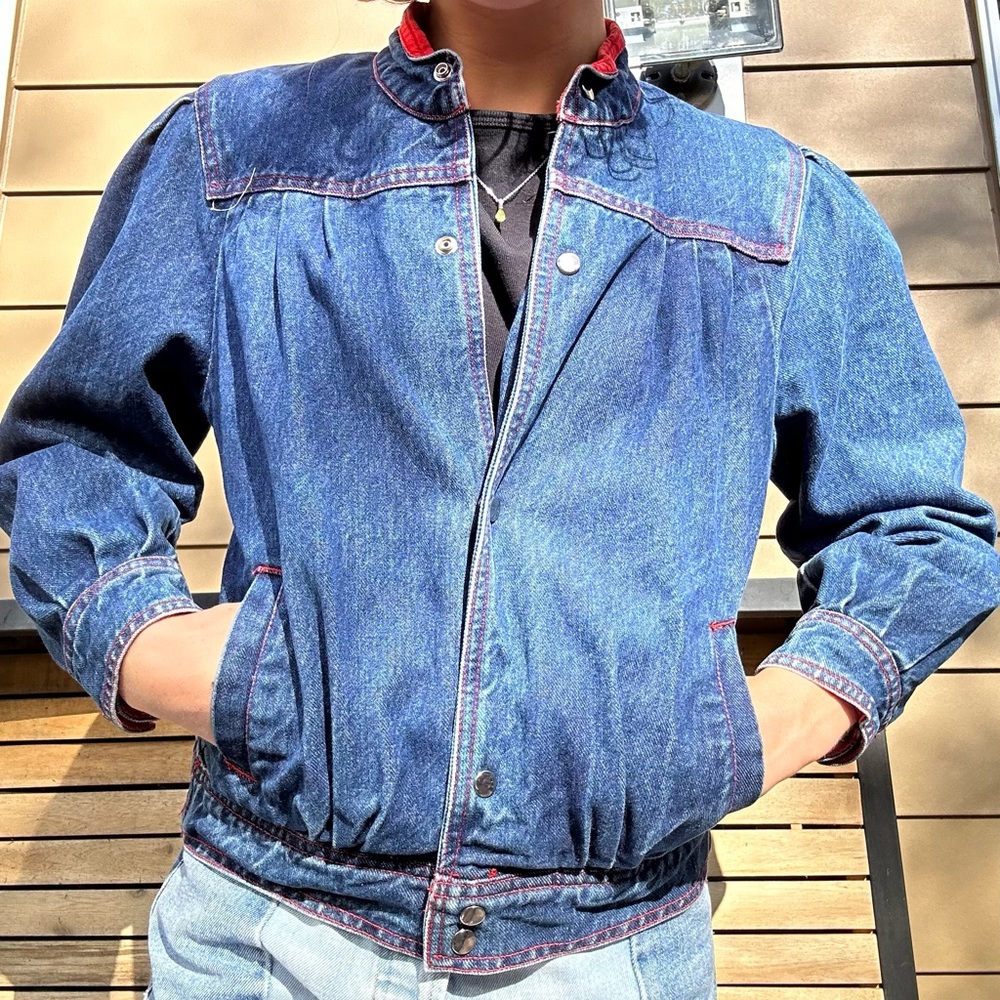 Vintage 80s Puffer Red Accent Denim Jacket